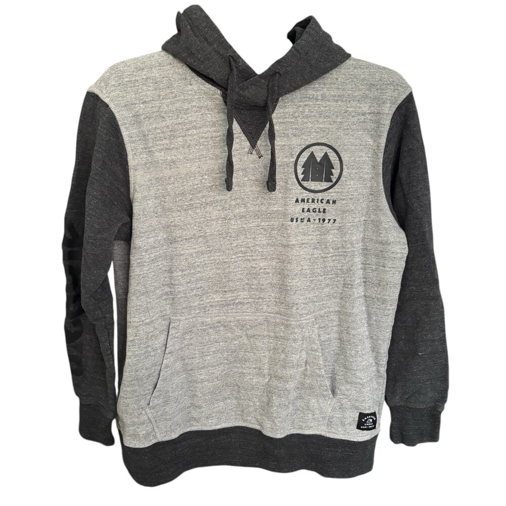 American Eagle Hoodie Men’s Medium Gray Colorblock Pullover Sweatshirt 1977 Logo
